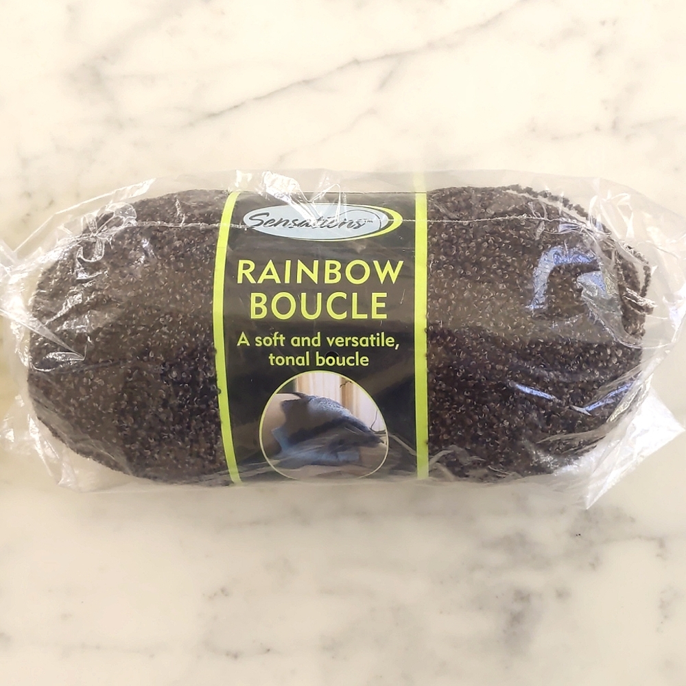 NWT. JoAnn Sensations Rainbow Boucle Brown-Cream Yarn (11 oz) with Pattern.